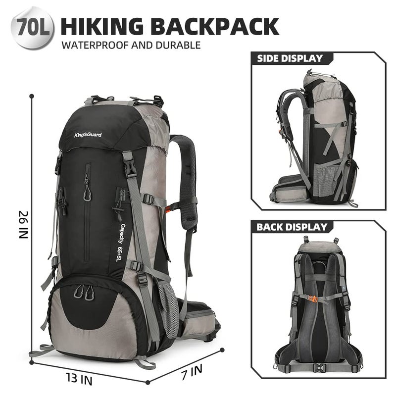 King'sGuard 70L Hiking Backpack Large Lightweight Waterproof Camping Backpack Travel Backpacking Backpack Daypack with Rain Cover -Frameless (Black) - Image 2